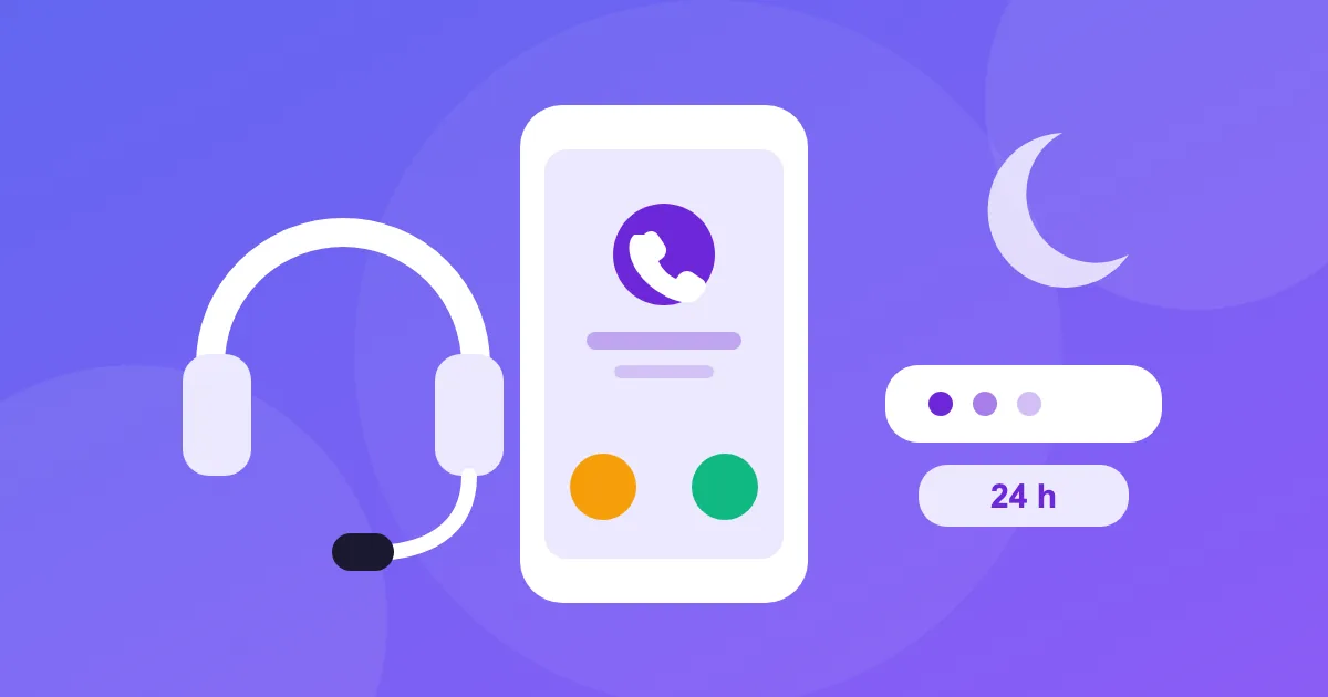 Ilustración de un teléfono móvil con una llamada entrante, unos auriculares con micrófono y una luna creciente sobre fondo violeta